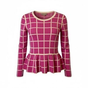 Banana Republic Women's Pink Grid Peplum Sweater Size Small Cotton Long Sleeve